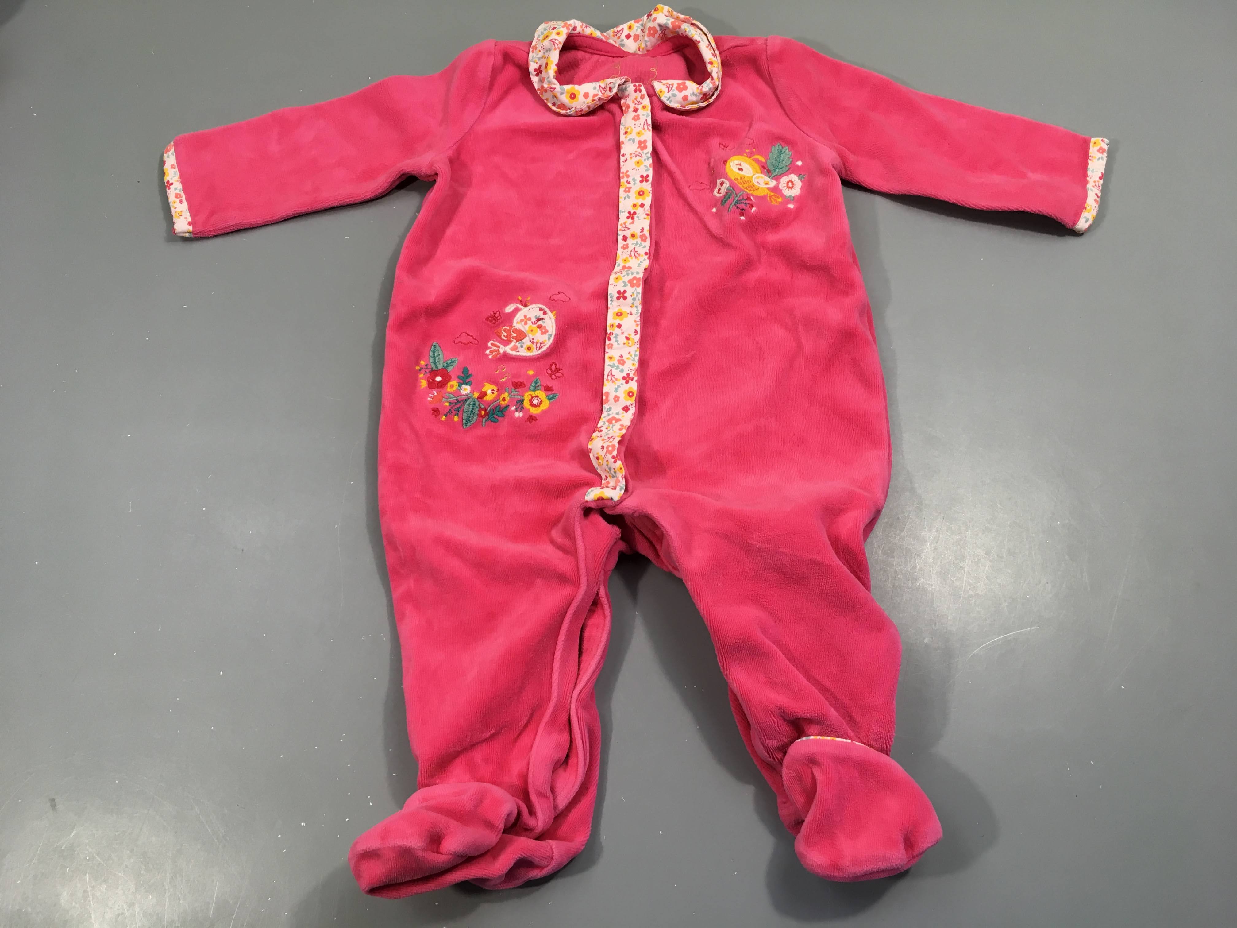 Pyjama éponge velours rose, col fleurs