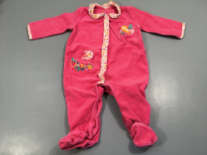 Pyjama éponge velours rose, col fleurs, moins cher chez Petit Kiwi