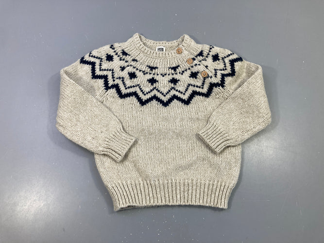Pull beige motifs hiver bleu foncé, moins cher chez Petit Kiwi