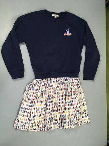 Robe m.l bi-matière molleton bleu oiseau bas coton blanc traits, un peu bouloché, moins cher chez Petit Kiwi