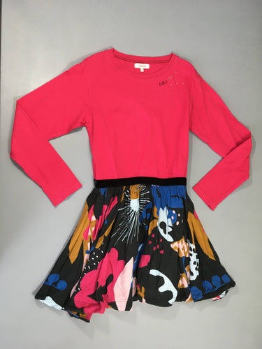 Robe m.l bi-matière jersey rose vif bas coton bleu, un peu bouloché, moins cher chez Petit Kiwi