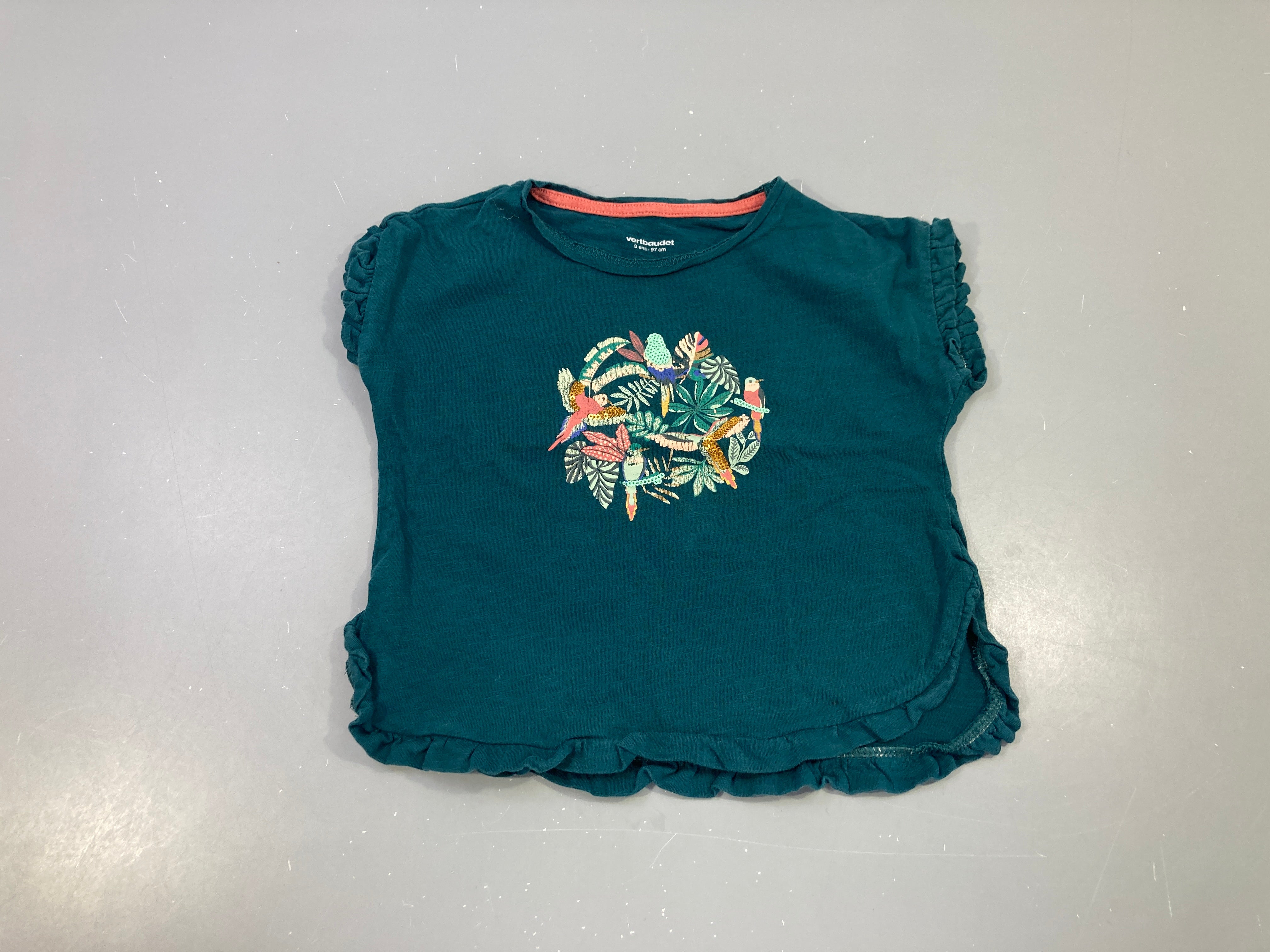 T-shirt m.c vert foncé oiseaux sequins froufrous