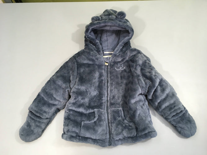 Veste ouatinée veloudoux bleu manche avec moufles à capuche, moins cher chez Petit Kiwi