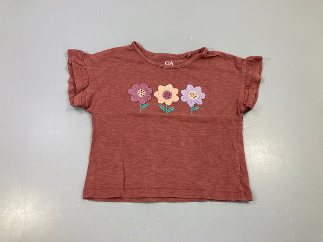 T-shirt m.c bordeaux foncé flammé fleurs relief, moins cher chez Petit Kiwi