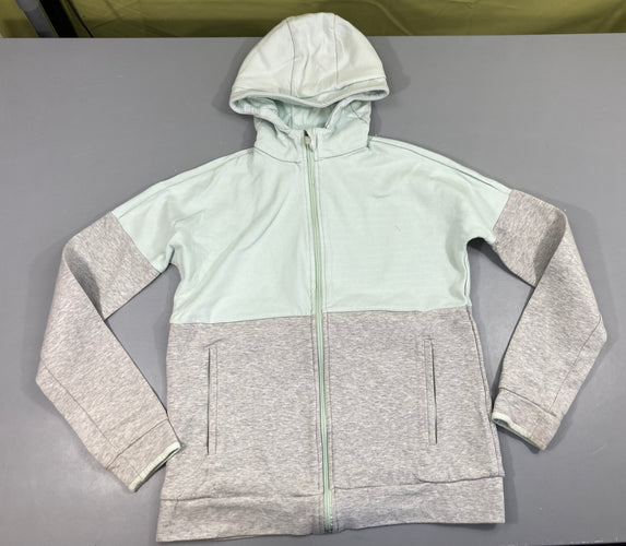 Sweat zippéà capuche gris chiné/vert, un peu bouloché, moins cher chez Petit Kiwi