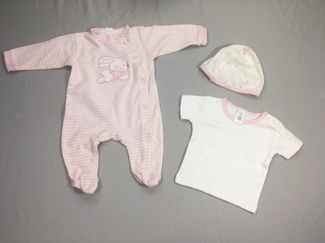 Pyjama jersey rose rayé lapin + chemisette m.c , légèrement bouloché + bonnet velours, moins cher chez Petit Kiwi