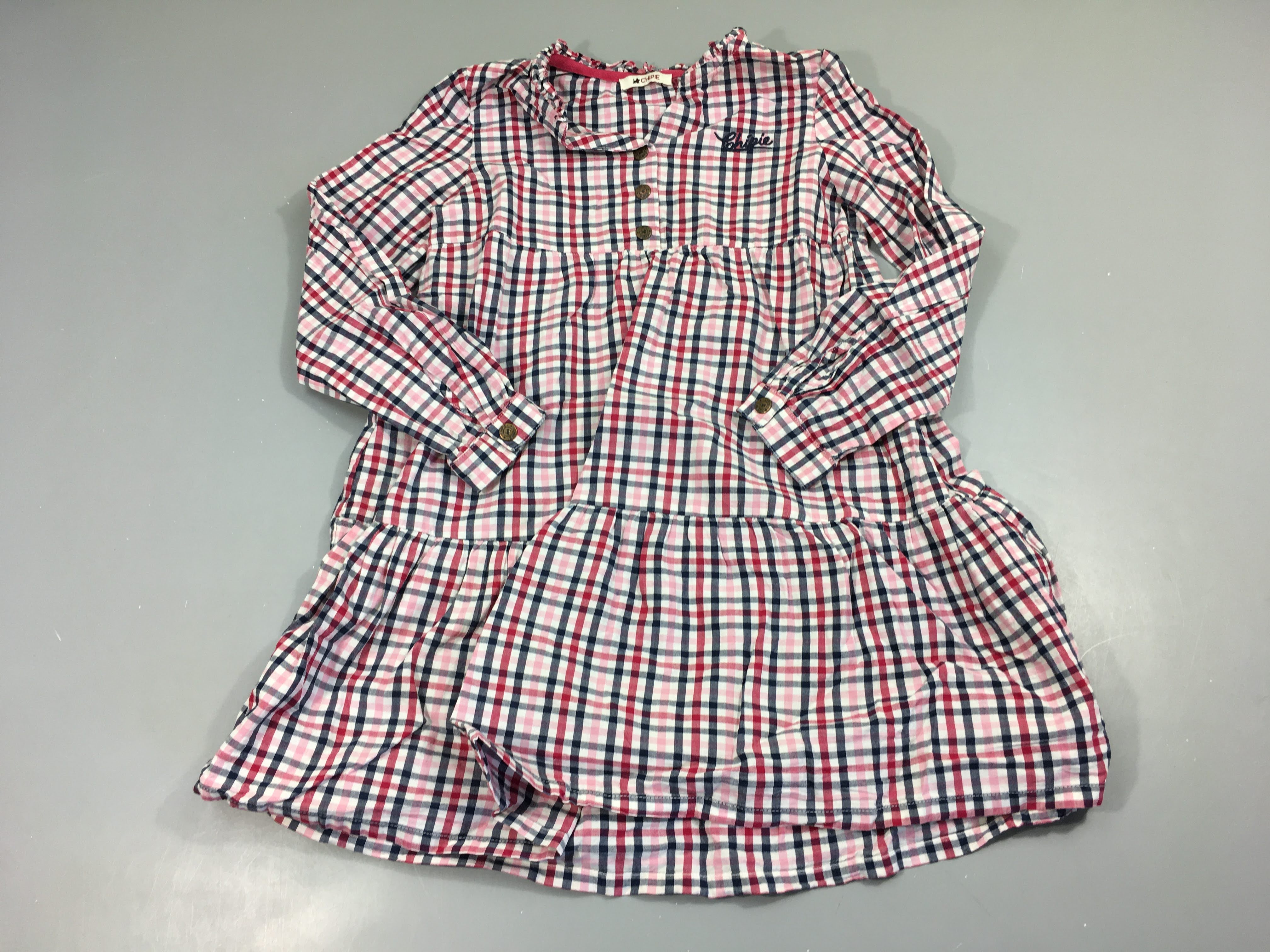 Robe m.l blanc à carreaux rouge/bleu marine