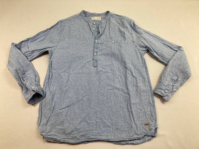 Chemise bleu chiné 30% lin-Petite tache arrière manche, moins cher chez Petit Kiwi