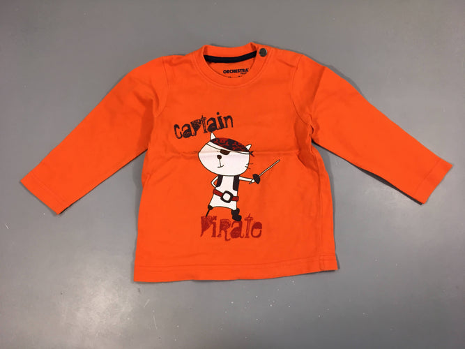 T-shirt m.l orange chat pirate, légèrement bouloché, moins cher chez Petit Kiwi
