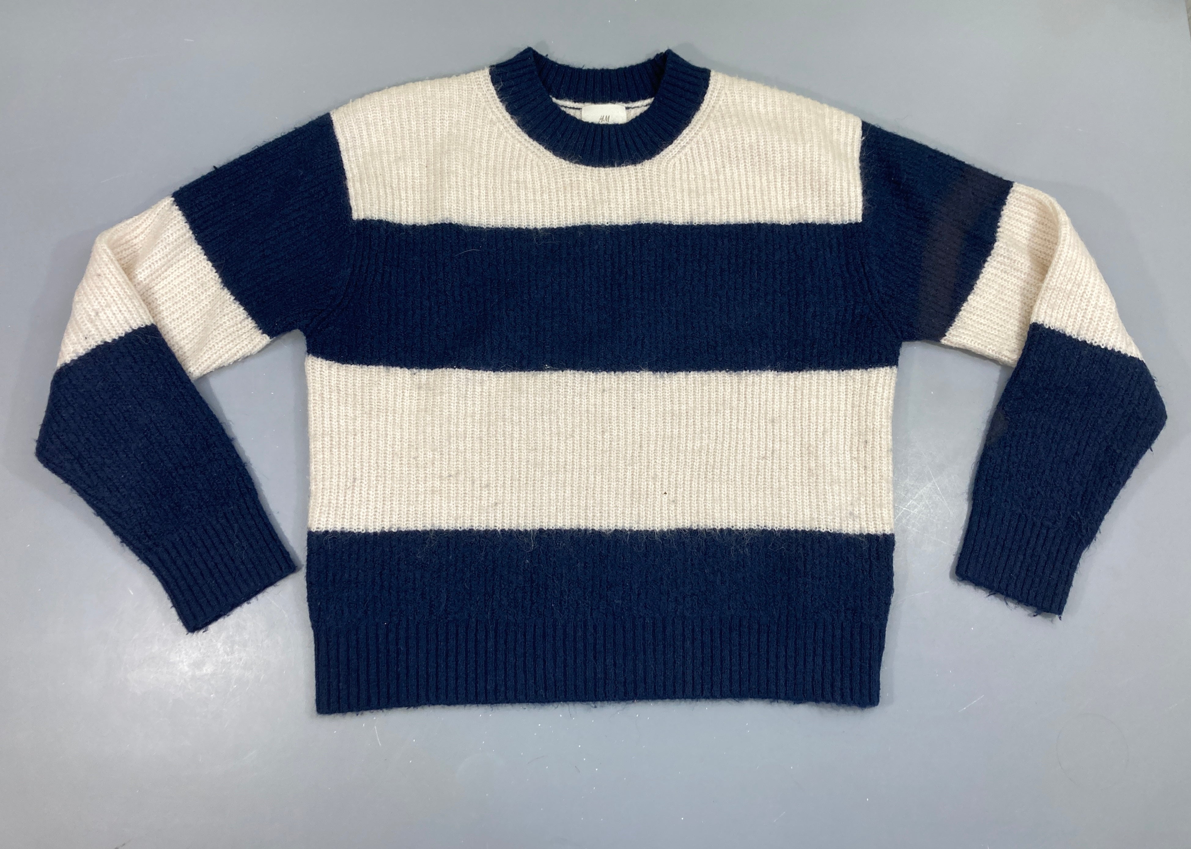 Pull rayé blanc/bleu foncé, 2% laine