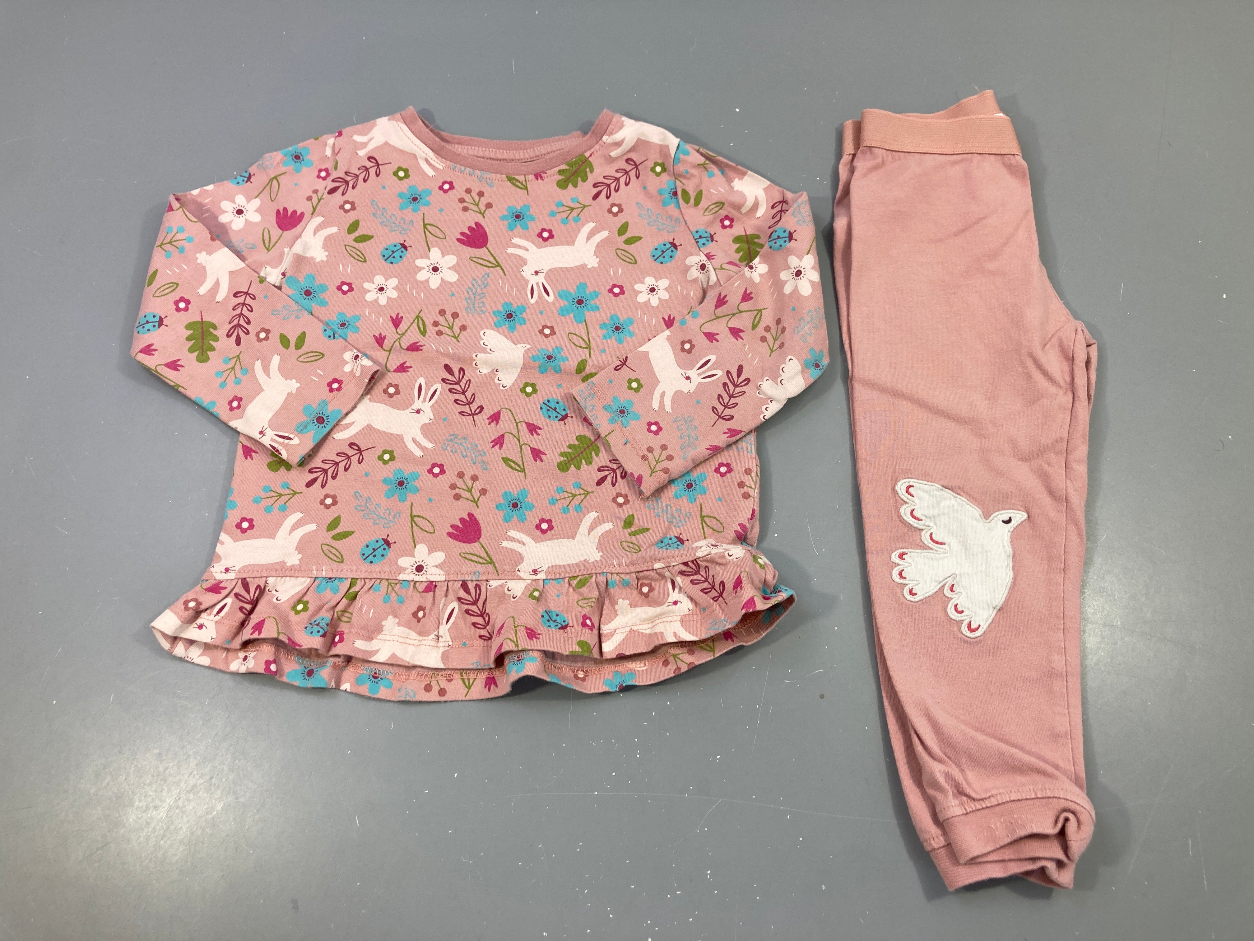 Pyjama 2pcs jersey rose lapins fleuries