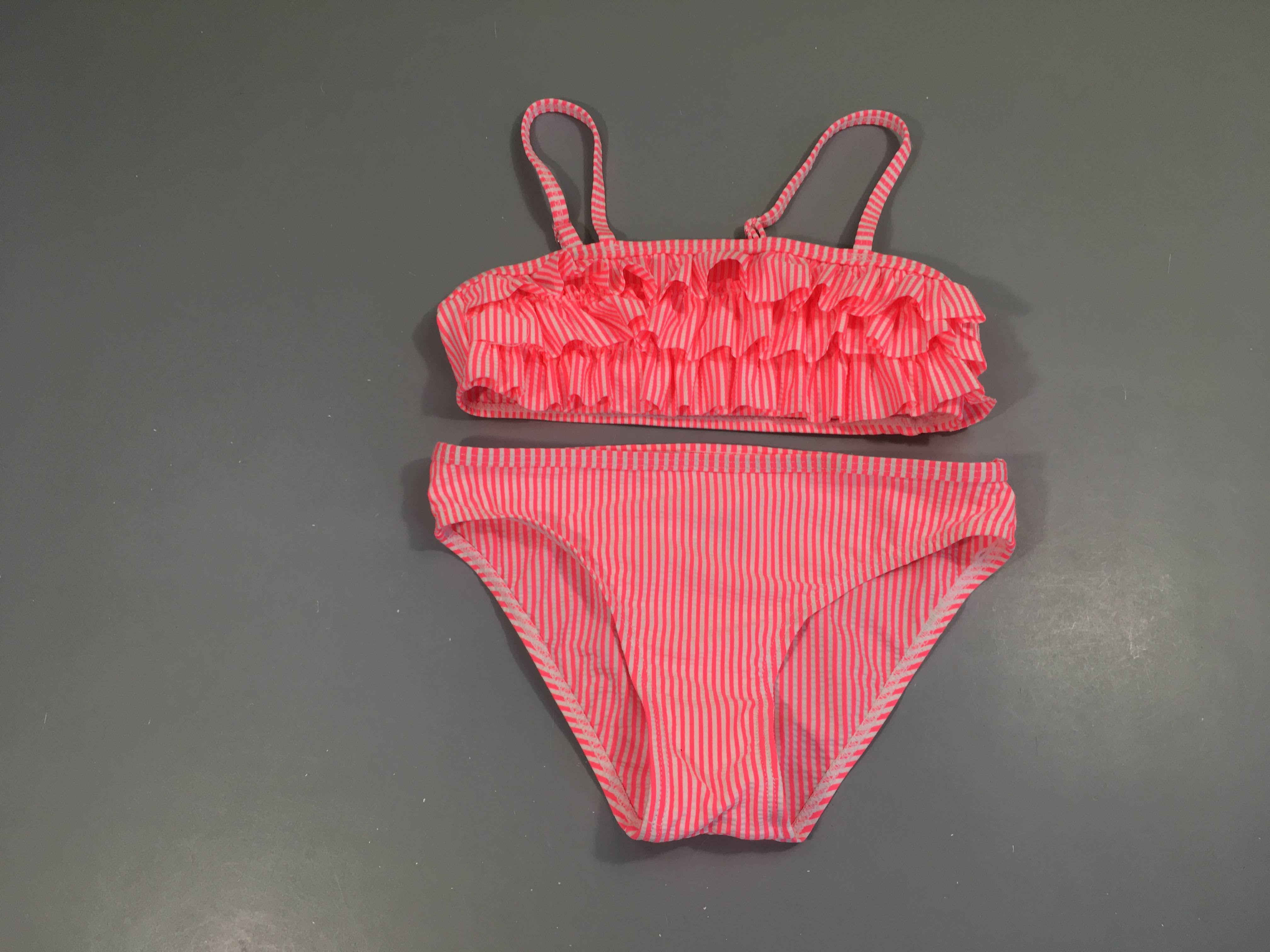 Bikini texturé rose flash rayé blanc froufrou haut