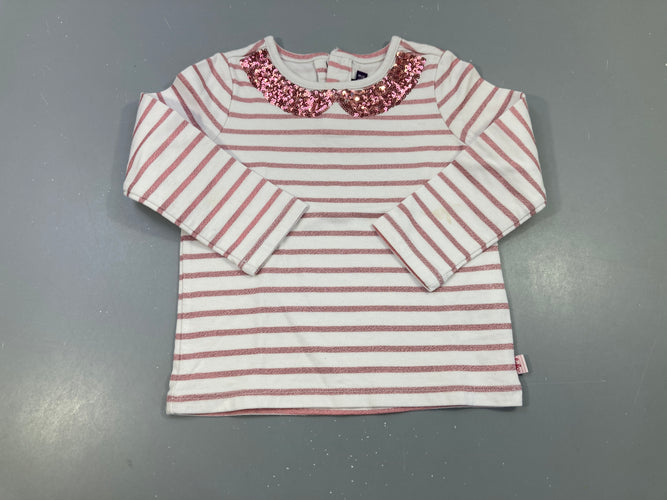 T-shirt m.l blanc rayé rose col sequins, tache manche, moins cher chez Petit Kiwi