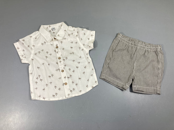 Chemise m.c blanche palmiers  + short rayé, moins cher chez Petit Kiwi