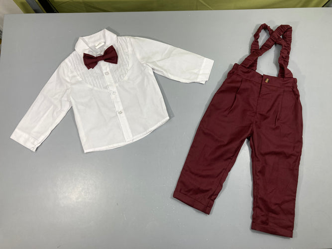 Chemise blanche + Pantalon aubergine avec bretelles, moins cher chez Petit Kiwi