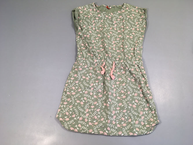 Robe m.c jersey kaki clair fleurs roses, moins cher chez Petit Kiwi
