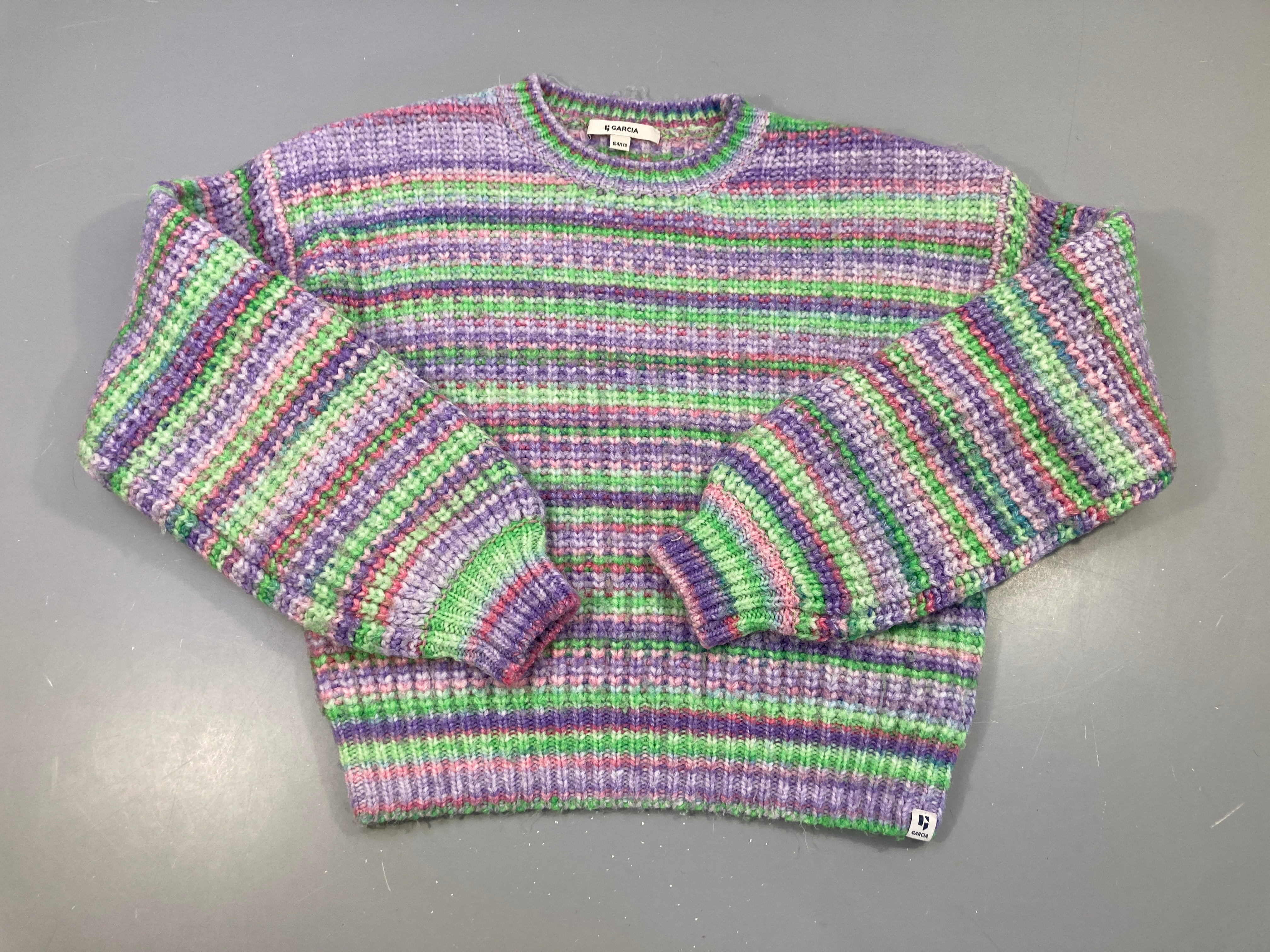 Pull mailles rayé mauve/vert/rose