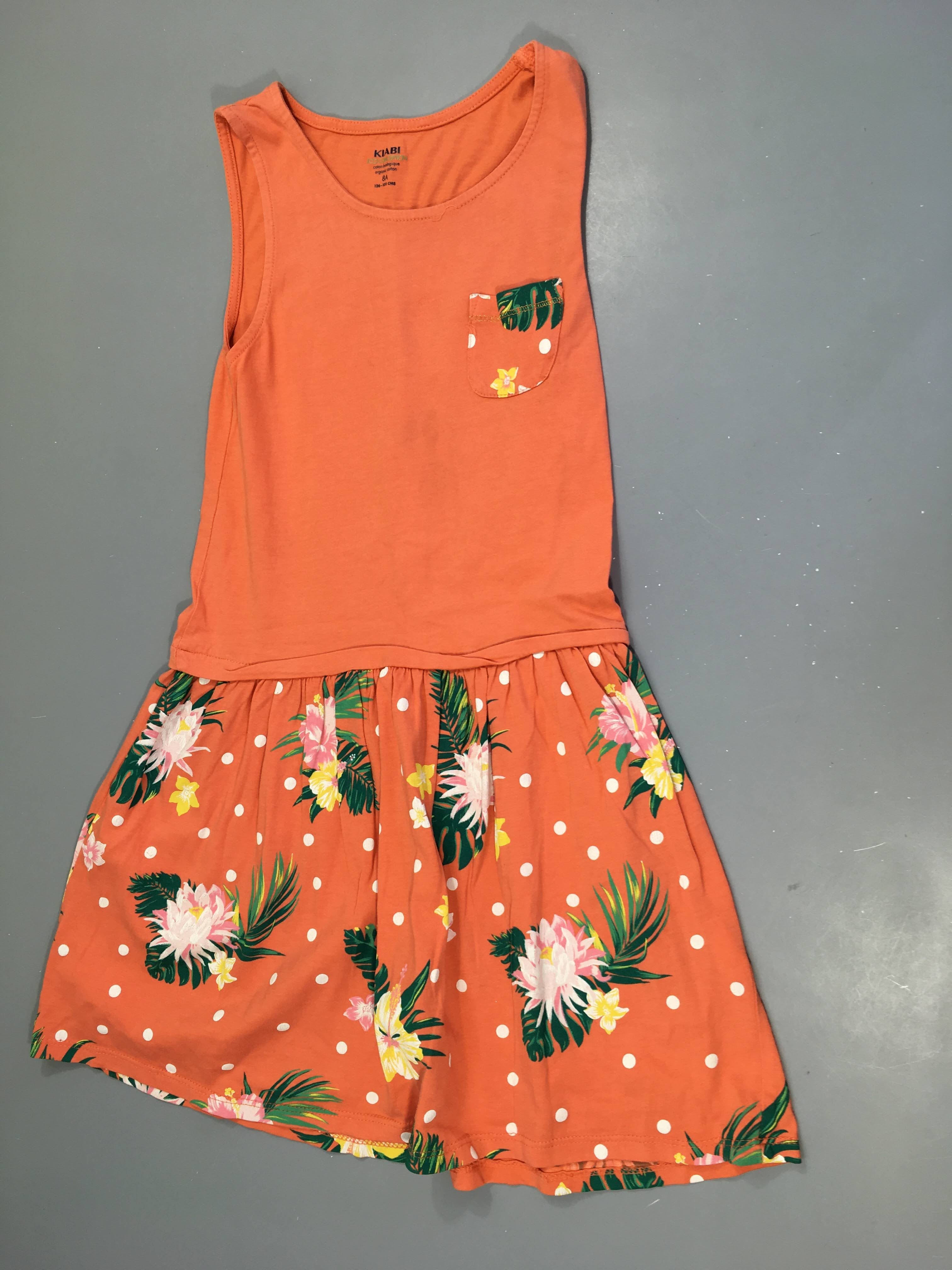 Robe s.m orangée fleurie bas pois blancs