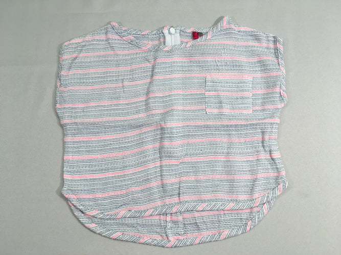 Blouse courte m.c blanche rayé bleu marine/rose, moins cher chez Petit Kiwi