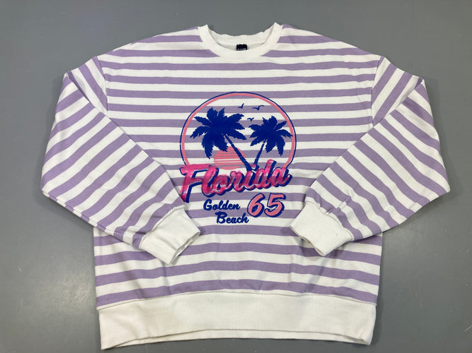 Sweat blanc rayé mauve palmier Florida sequins, moins cher chez Petit Kiwi