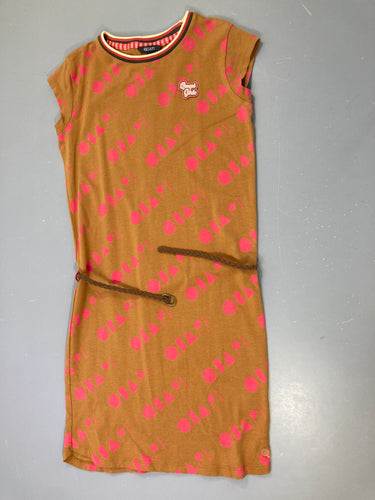Robe m.c brune motifs rose avec ceinture tressée, moins cher chez Petit Kiwi