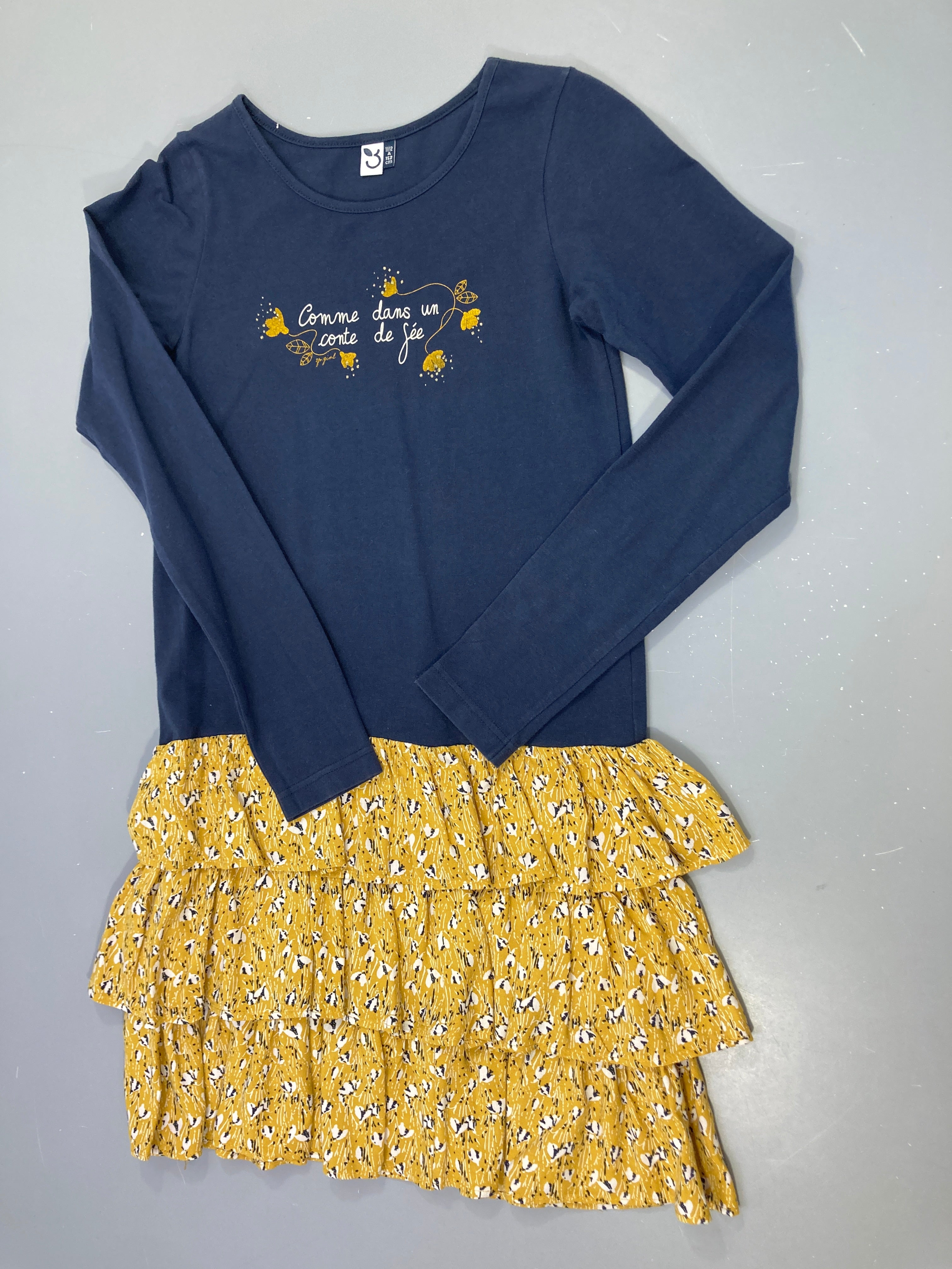 Robe m.l bi-matière jersey bleu foncé conte de fée - bas jaune  à volants
