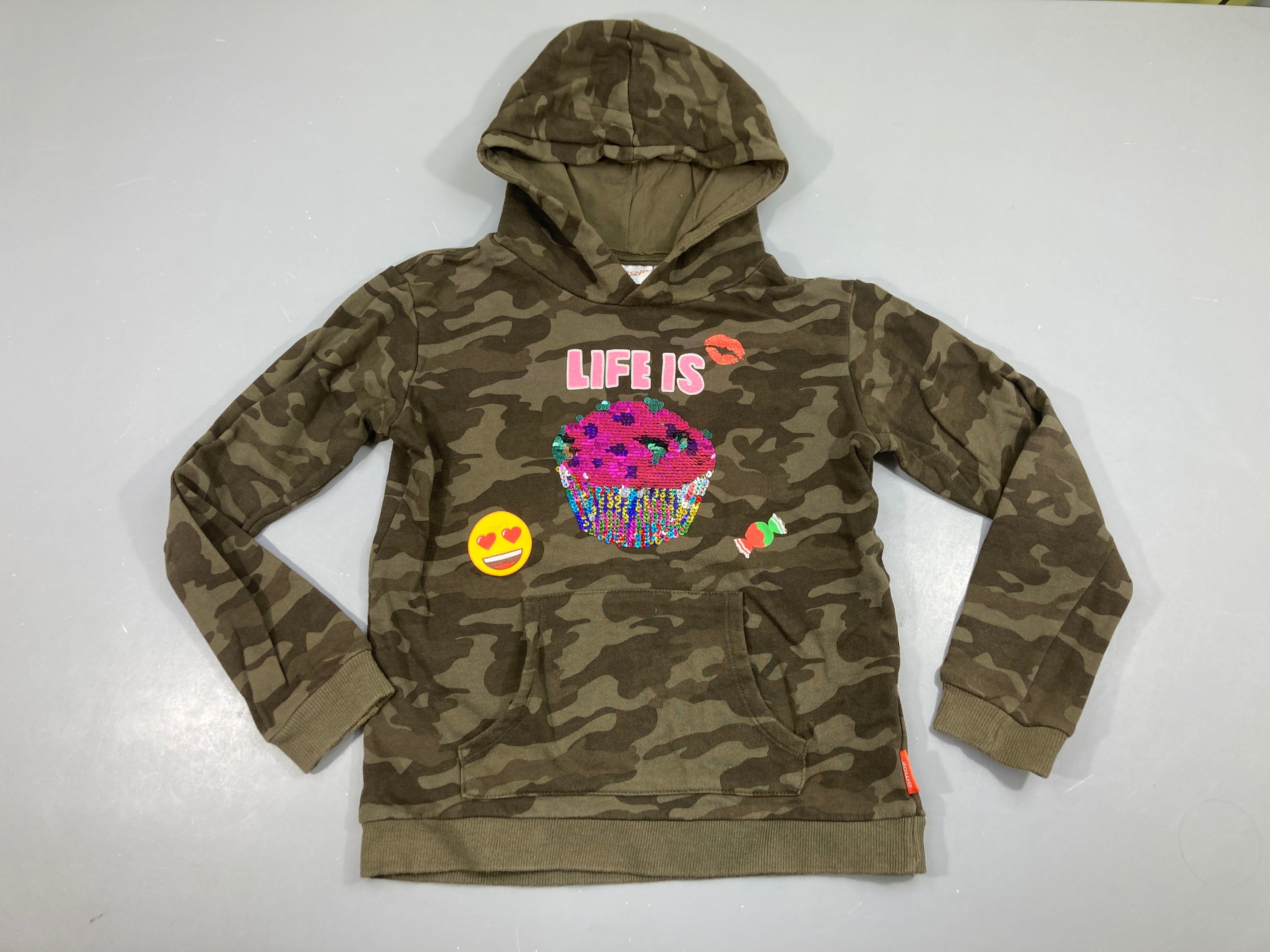 Sweat à capuche kaki camouflage muffin sequins réversibles Emoji