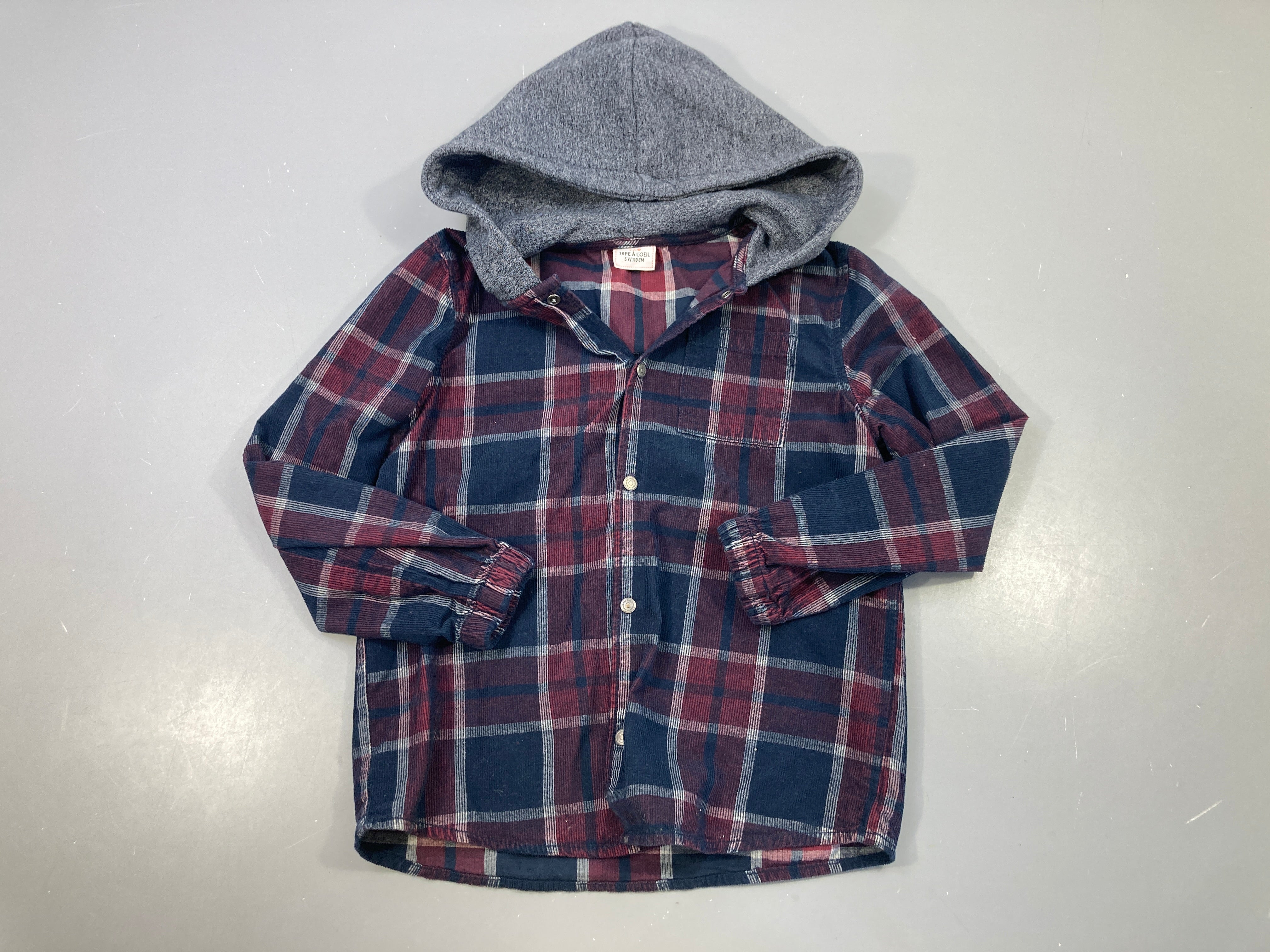 Chemise m.l velours à carreaux bleu foncé-bordeau-gris à capuche molletonnée