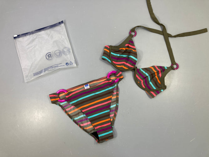 Etat neuf-Bikini brun avec armature  rayé couleur, moins cher chez Petit Kiwi