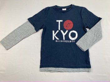 T-shirt m.l bleu foncé/gris Tokyo effet superposé