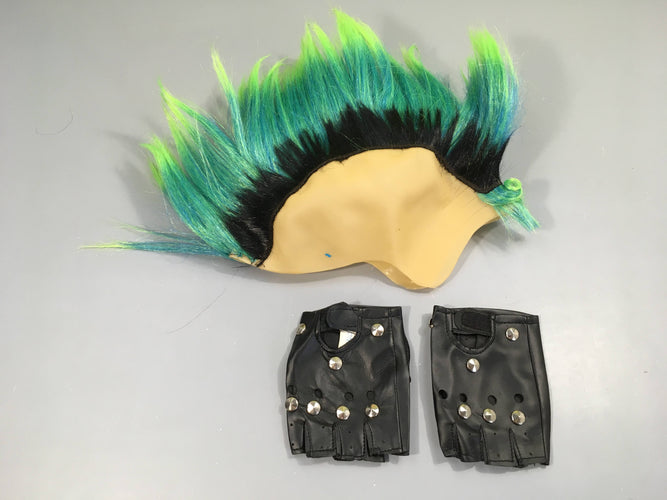 Déguisement perruque crête punk + mitaines simili cuir noir, moins cher chez Petit Kiwi