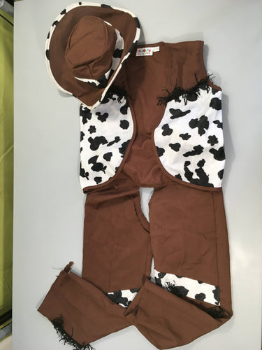 Déguisement cow boy brun vache + chapeau, pantalon déchiré dans le bas à l'arrière, moins cher chez Petit Kiwi