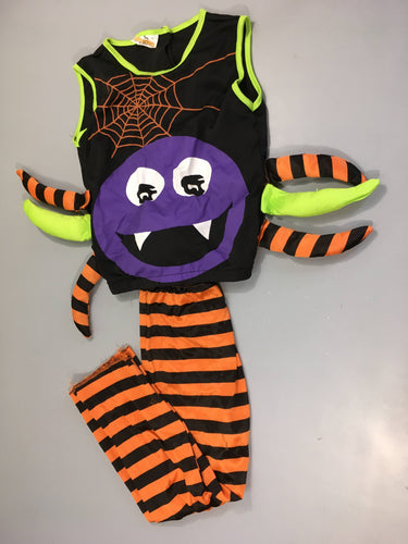 Déguisement Halloween araignée rayures noir/orange, usé accrocs à plusieurs endroits (taille estimée), moins cher chez Petit Kiwi