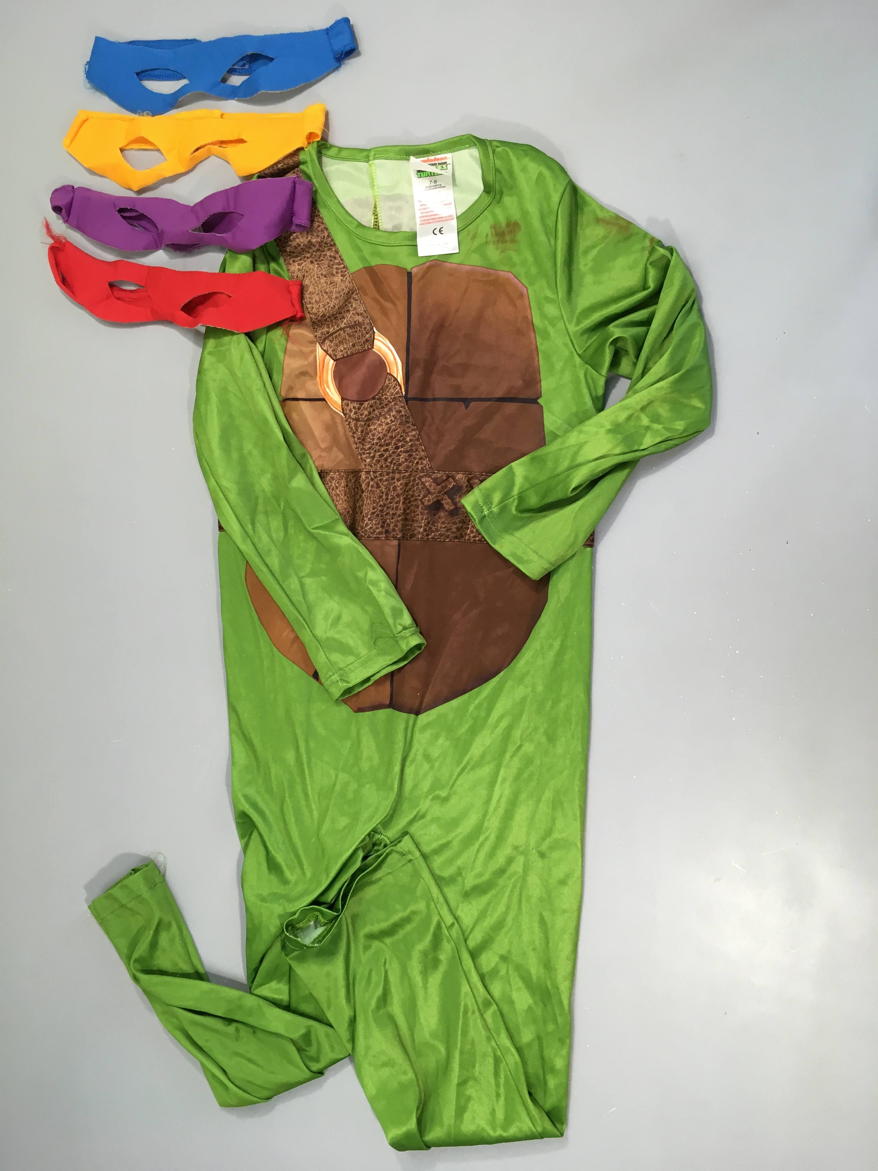 Déguisement Tortue Ninja + 4 masques, masque rouge décousu, taché à l'avant