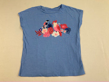 T-shirt m.c bleu flammé broderies oiseaux/fleurs
