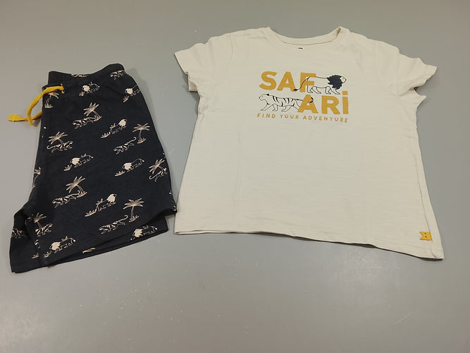 Ensemble T-shirt m.c écru flammé "Safari", short bleu marine , imprimés safari, moins cher chez Petit Kiwi