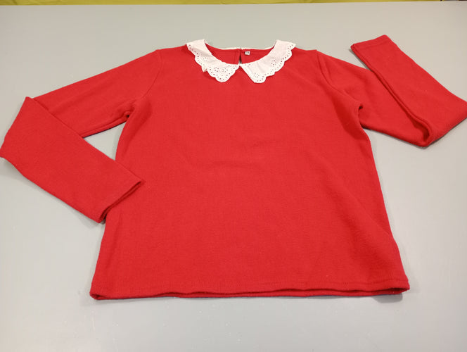 Pull rouge col dentelle blanc ,légèrement bouloché, moins cher chez Petit Kiwi
