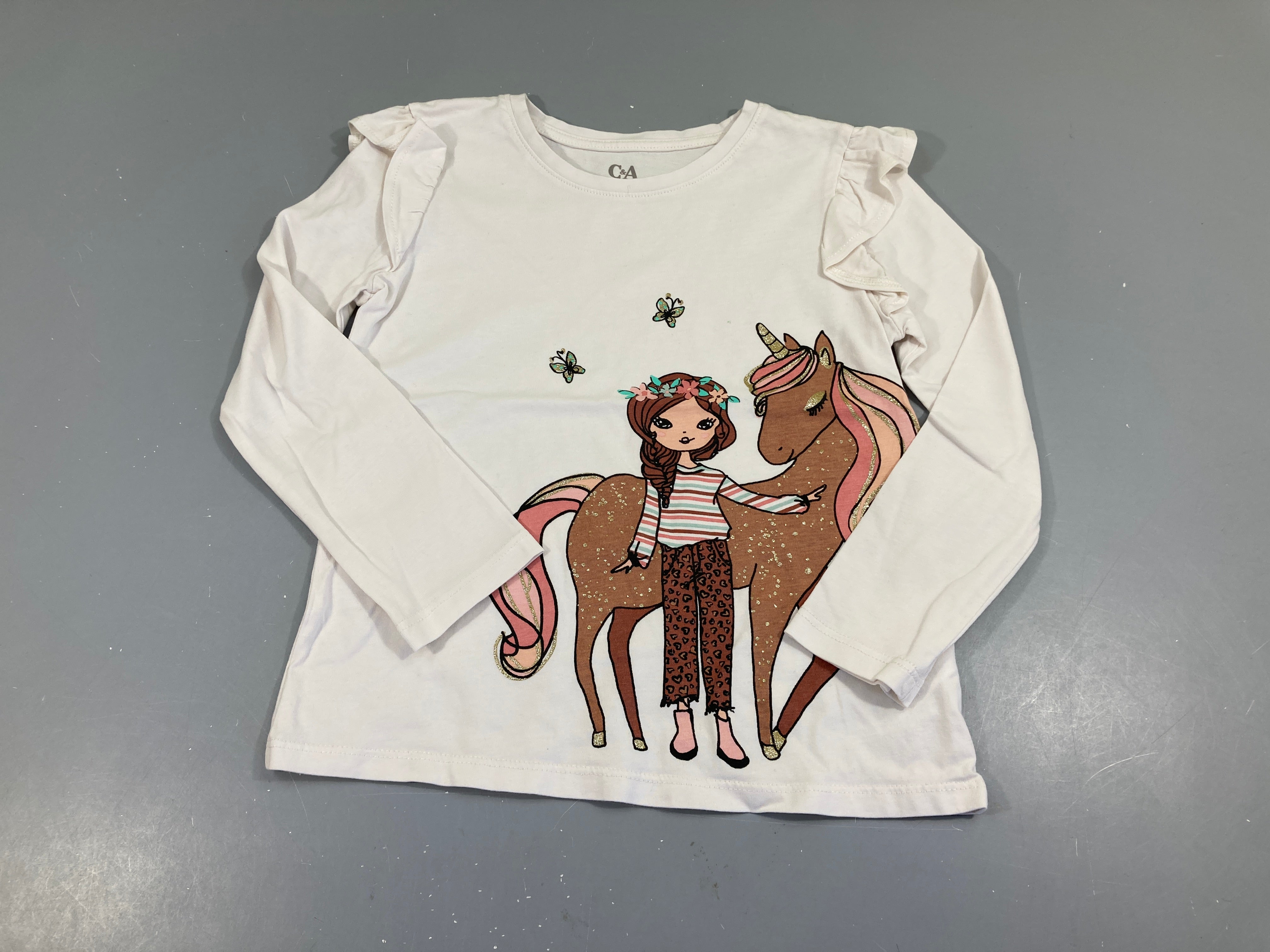 T-shirt m.l blanc froufrou épaules fille/licorne