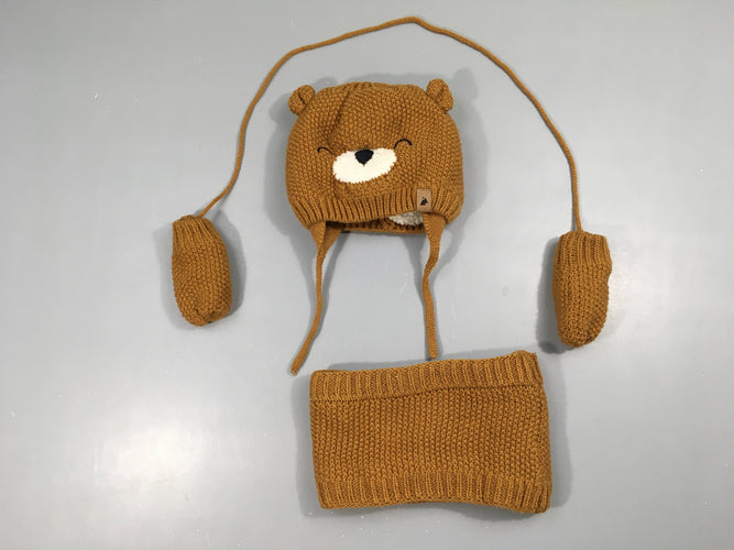 Bonnet + Moufles + Snood mailles ocres doublé peluche, moins cher chez Petit Kiwi
