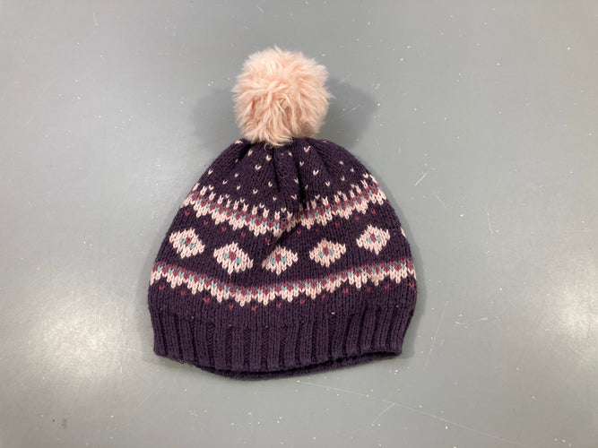 Bonnet mauve, motifs rose avec pompon 5/7a, moins cher chez Petit Kiwi
