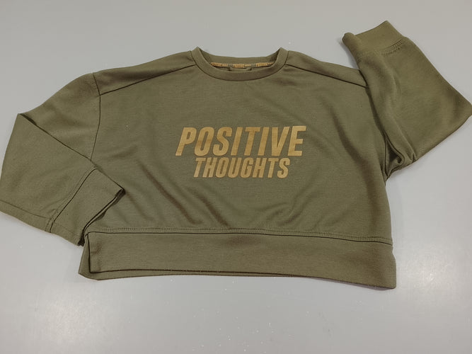 Pull crop top kaki " Positive thoughts", légèrement bouloché, moins cher chez Petit Kiwi