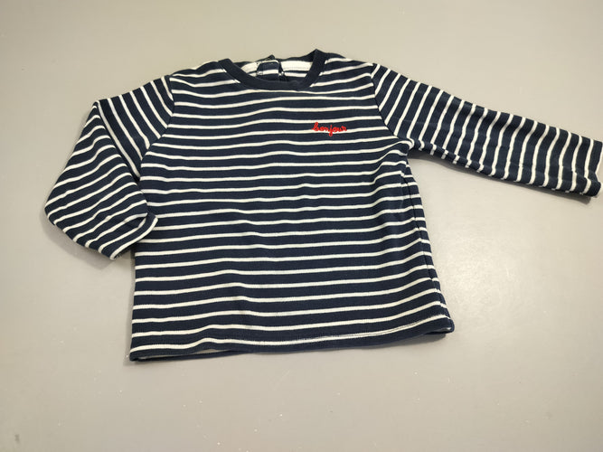 T-shirt m.l bleu marine rayé blanc "bonjour" 100% coton, moins cher chez Petit Kiwi