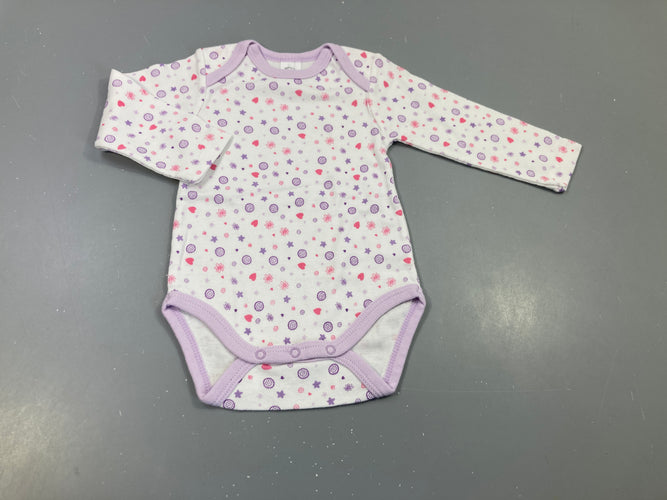 Body m.c blanc et mauve, motifs roses et mauves, moins cher chez Petit Kiwi