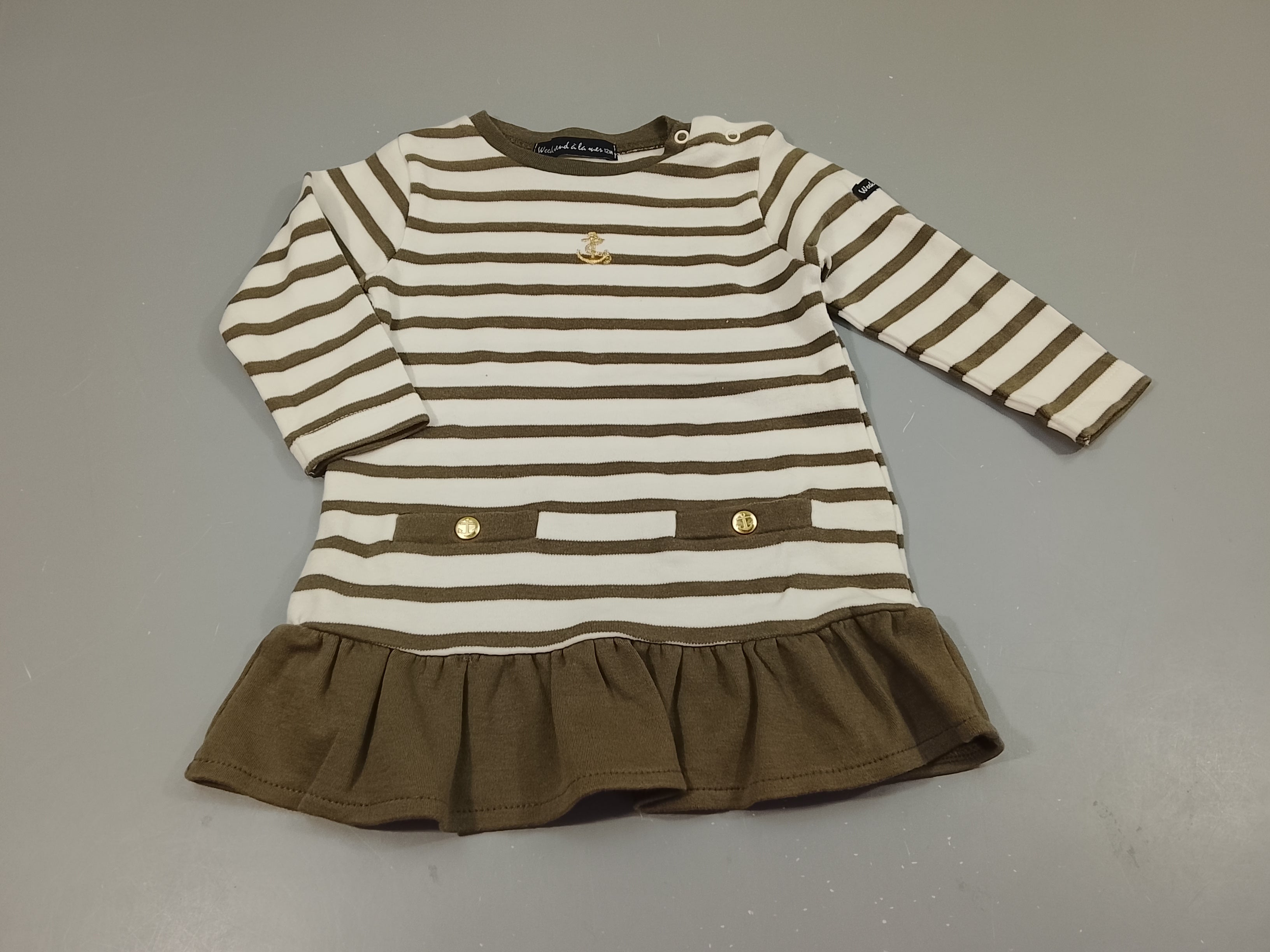 Robe m.l  en molleton  blanc rayé kaki, ancre dorée