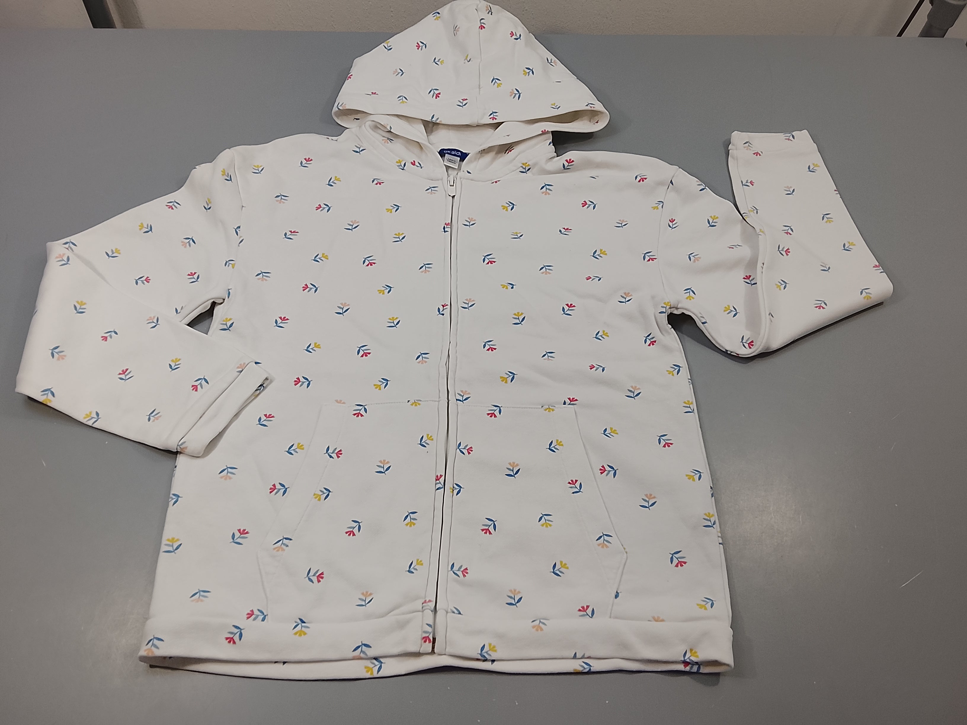 Sweat zippé à capuche  blanc , fleurs  rose , jaune