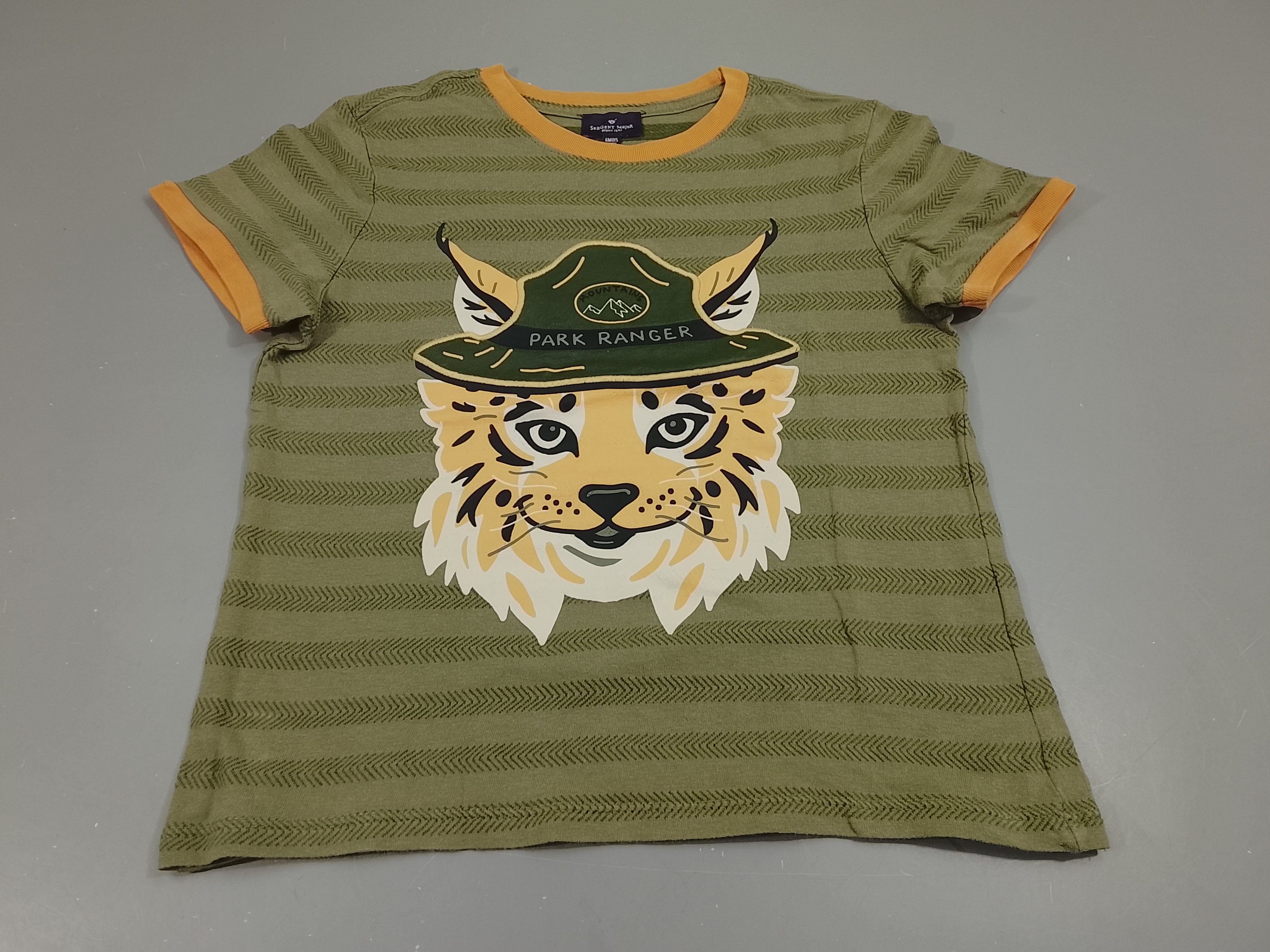 T-shirt m.c kaki, orange, flocage tête de lynx avec chapeau