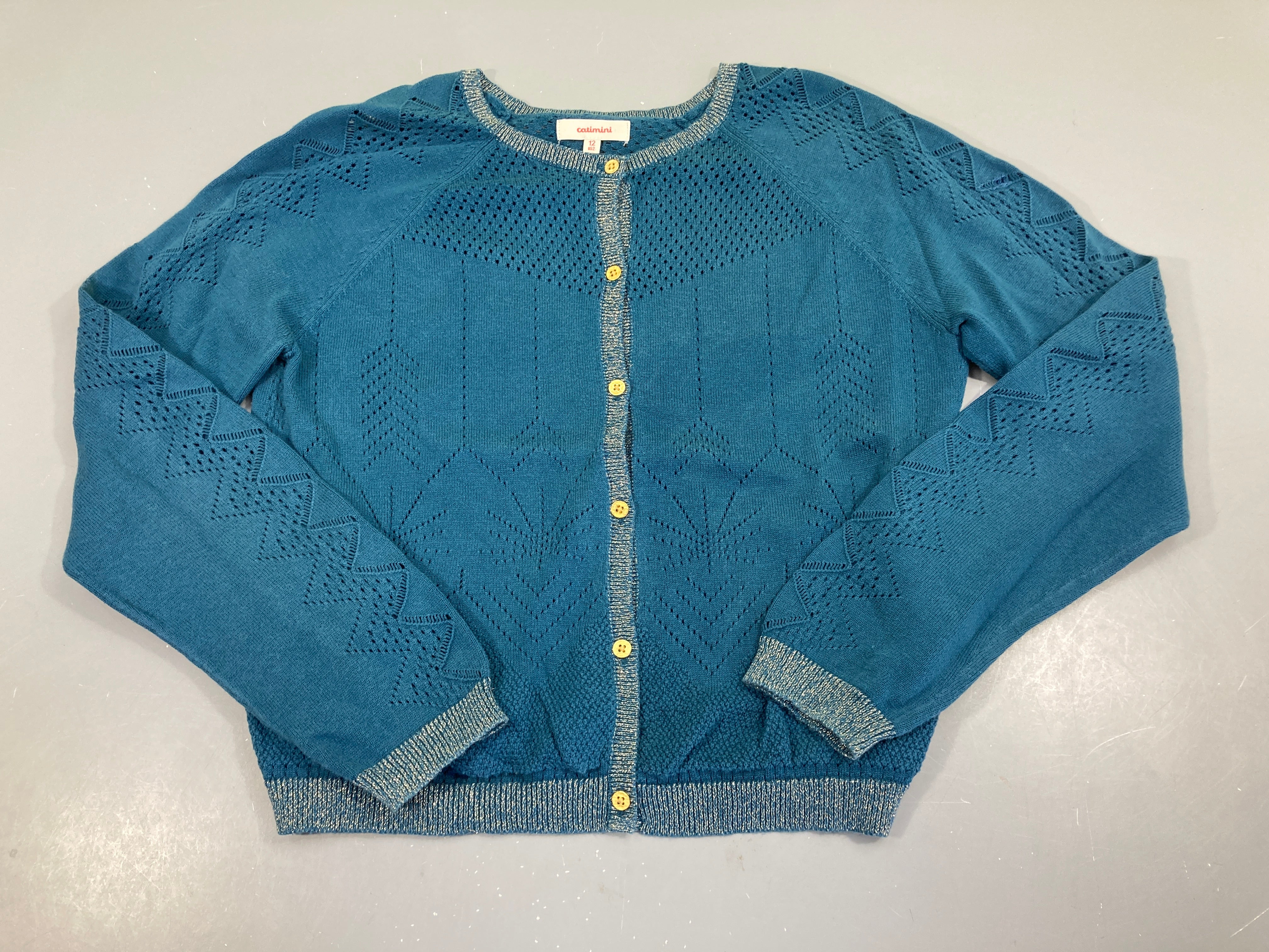 Gilet bleu canard ajouré fils métalisé doré