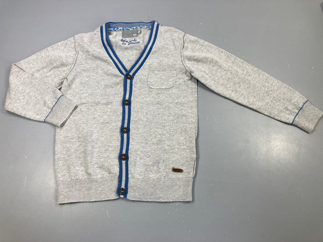Gilet gris clair chiné, bords bleus, col v, moins cher chez Petit Kiwi