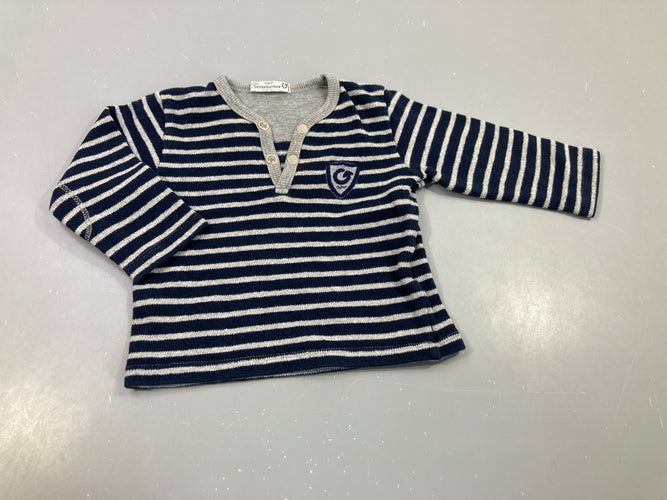 Pull rayé bleu marine, gris , col fermé par 2 pressions. A relaver car taché, moins cher chez Petit Kiwi