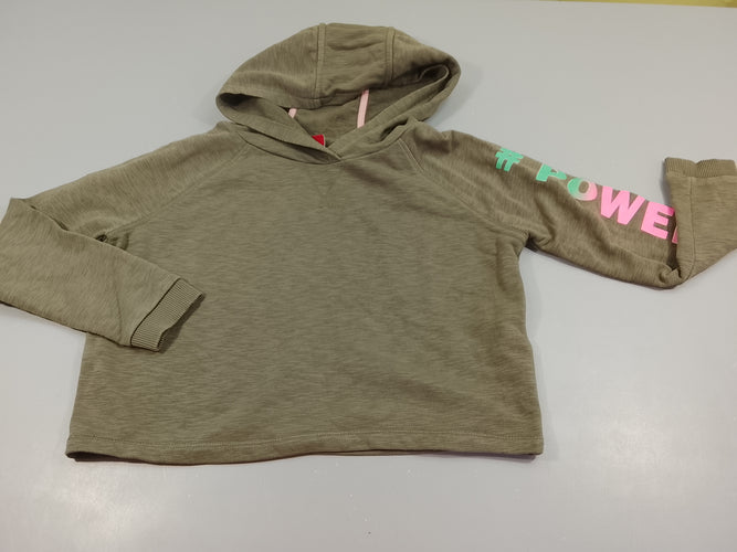 Sweat crop-top kaki flammé. Lettres colorées à la manche " # power up", moins cher chez Petit Kiwi